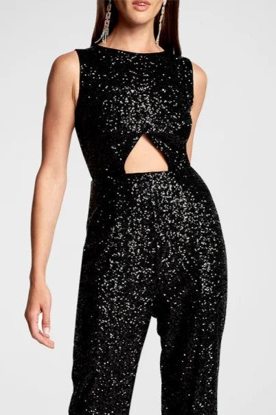 Sequin Waist Cutout Split Hem Jumpsuit - Black - 5