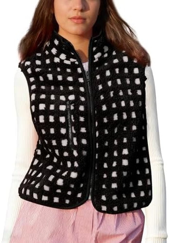 Grid Check Sherpa Vest Jacket With Stand Collar - Black