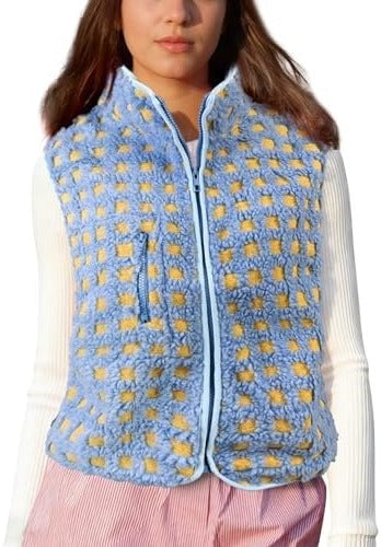 Grid Check Sherpa Vest Jacket With Stand Collar - Blue