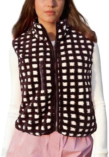 Grid Check Sherpa Vest Jacket With Stand Collar - Coffee