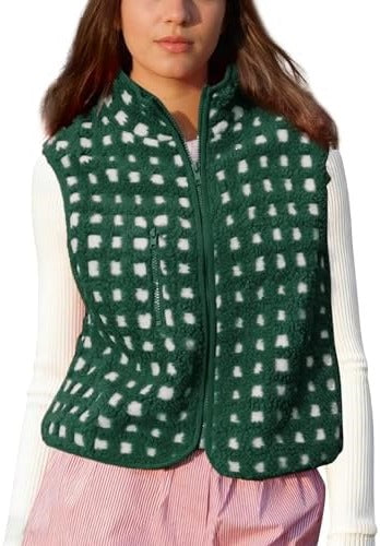 Grid Check Sherpa Vest Jacket With Stand Collar - DarkGreen
