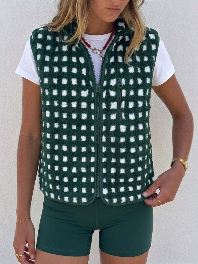 Grid Check Sherpa Vest Jacket With Stand Collar - DarkGreen - 1