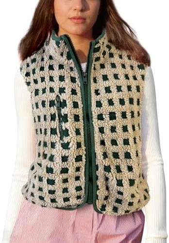 Grid Check Sherpa Vest Jacket With Stand Collar - Green
