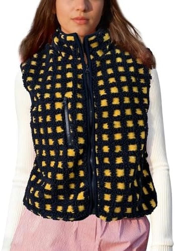 Grid Check Sherpa Vest Jacket With Stand Collar - Navy
