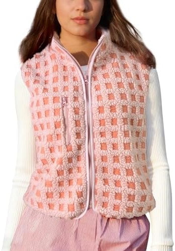 Grid Check Sherpa Vest Jacket With Stand Collar - Pink