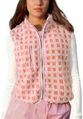 Grid Check Sherpa Vest Jacket With Stand Collar - Pink