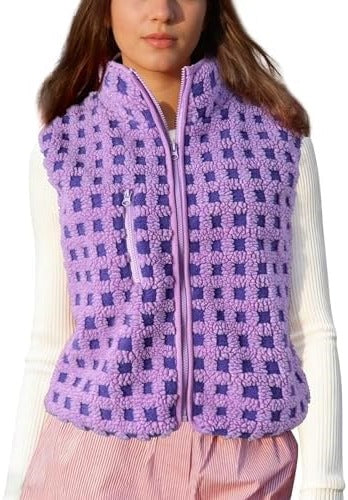 Grid Check Sherpa Vest Jacket With Stand Collar - Purple