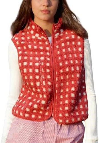 Grid Check Sherpa Vest Jacket With Stand Collar - Red