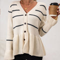 Striped Peplum Button Front Knit Sweater - Apricot