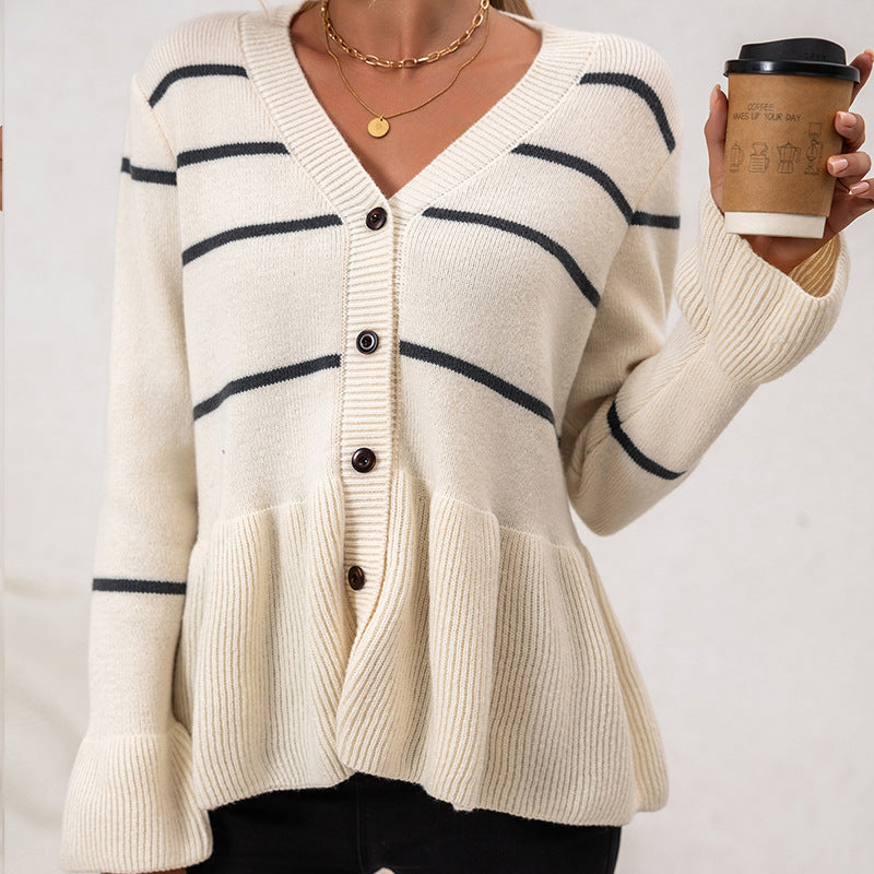 Striped Peplum Button Front Knit Sweater - Apricot