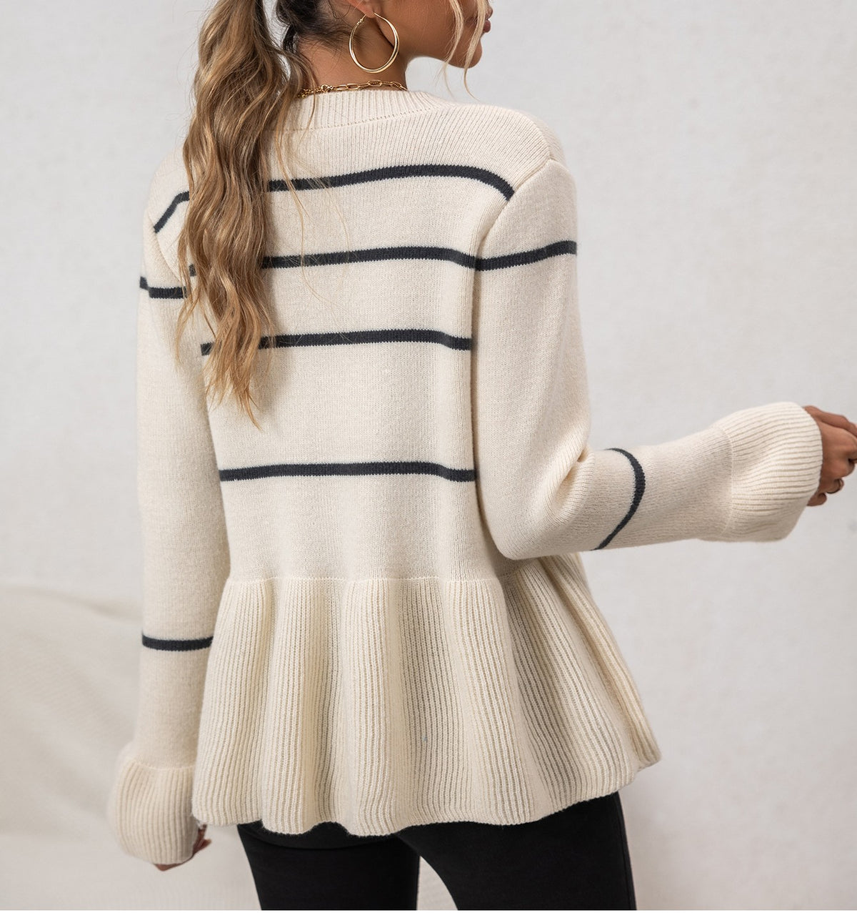 Striped Peplum Button Front Knit Sweater