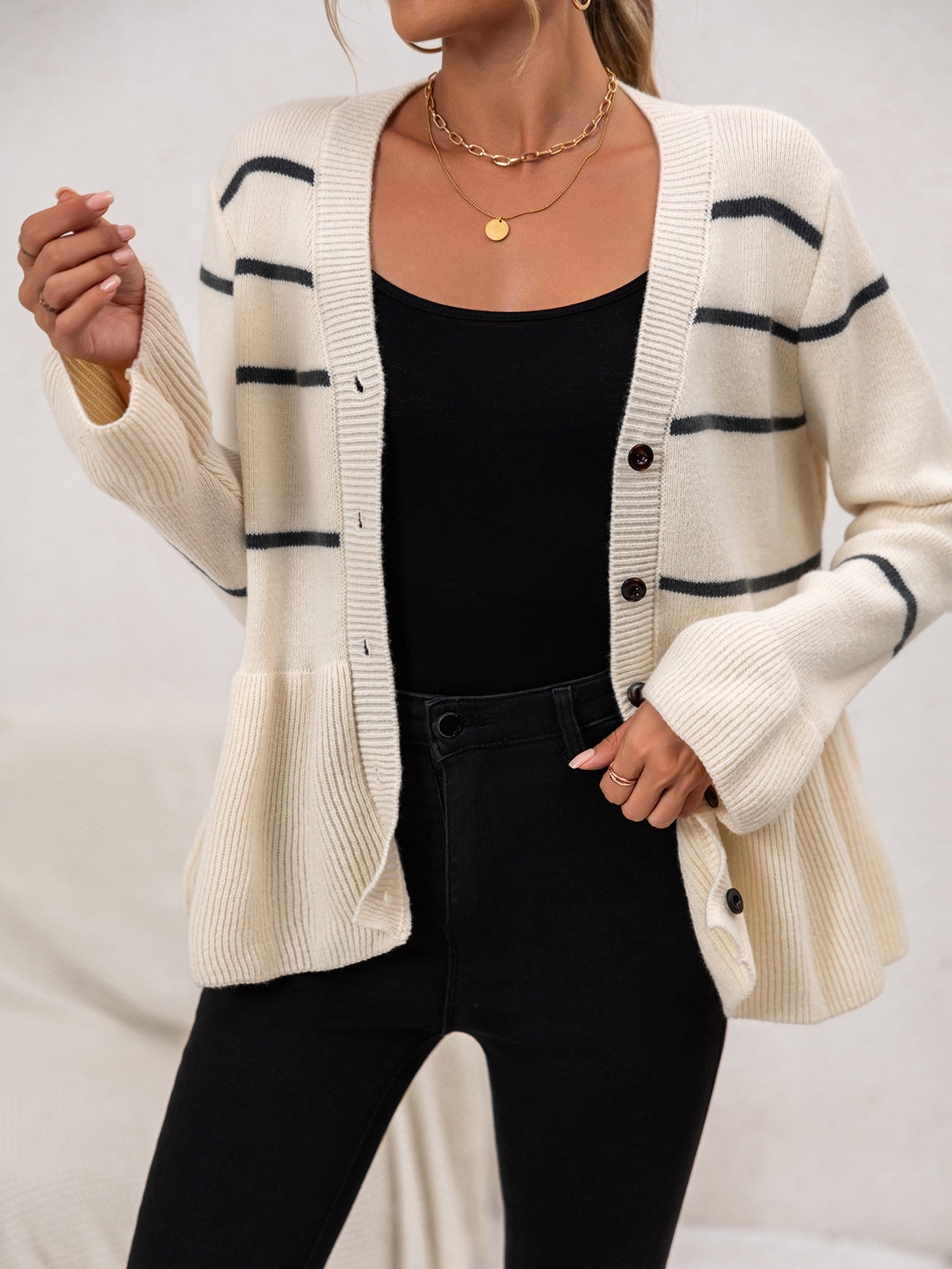 Striped Peplum Button Front Knit Sweater - view 1
