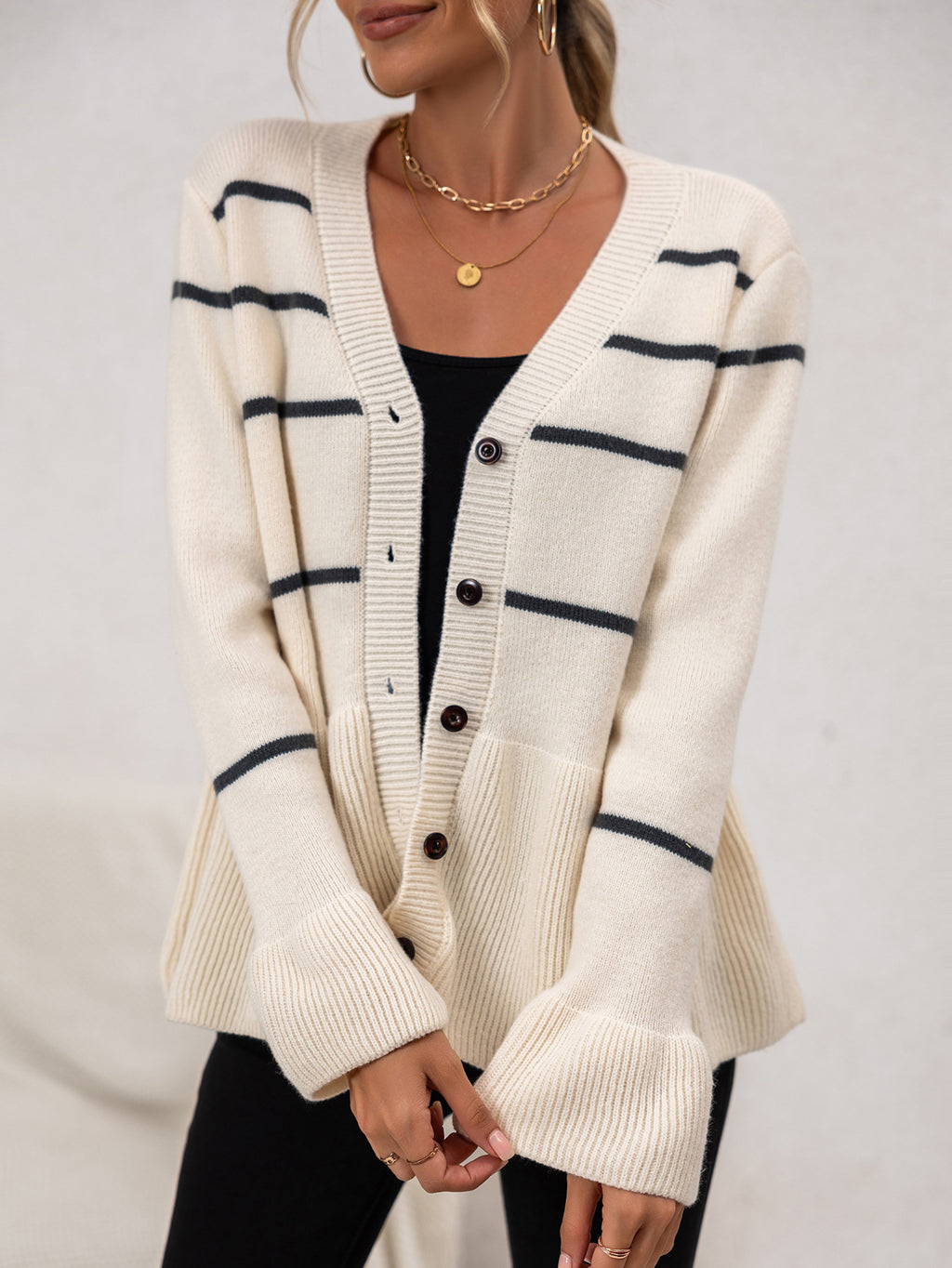Striped Peplum Button Front Knit Sweater - view 2