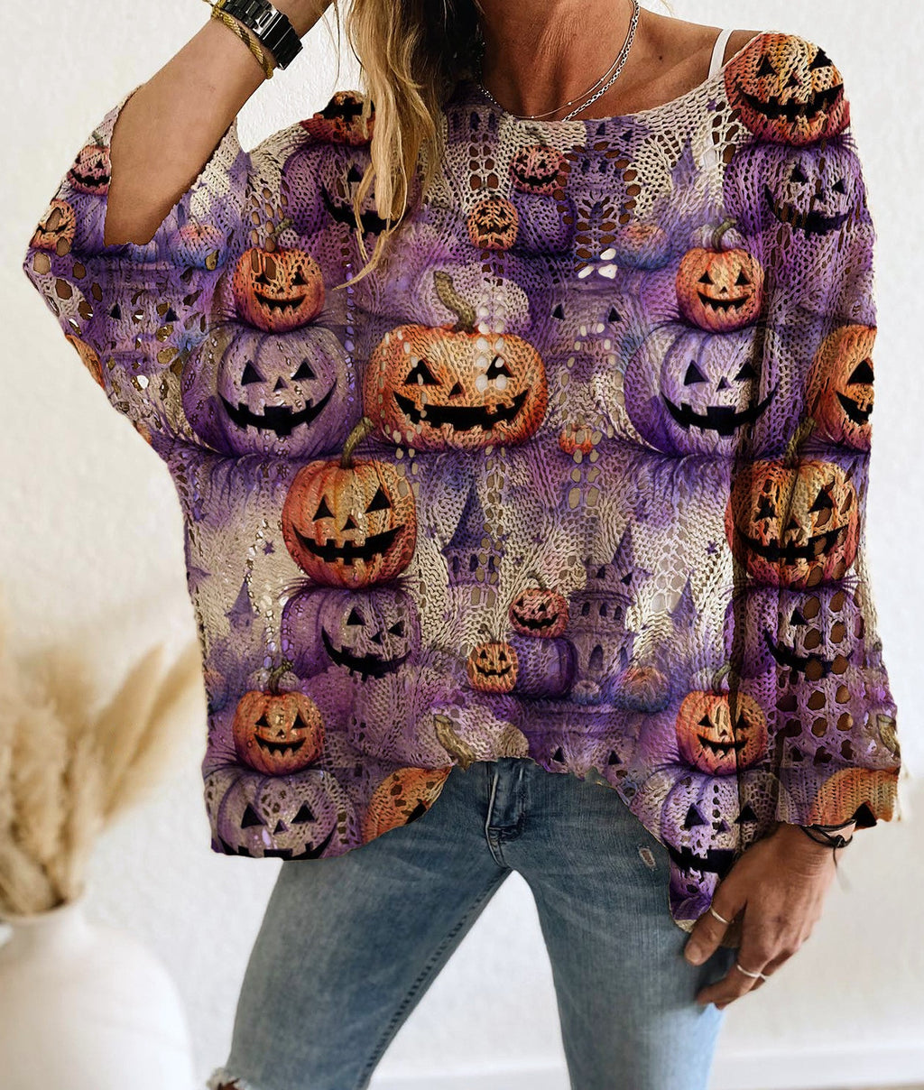 Batwing Halloween Print Open Knit Top - Color_2
