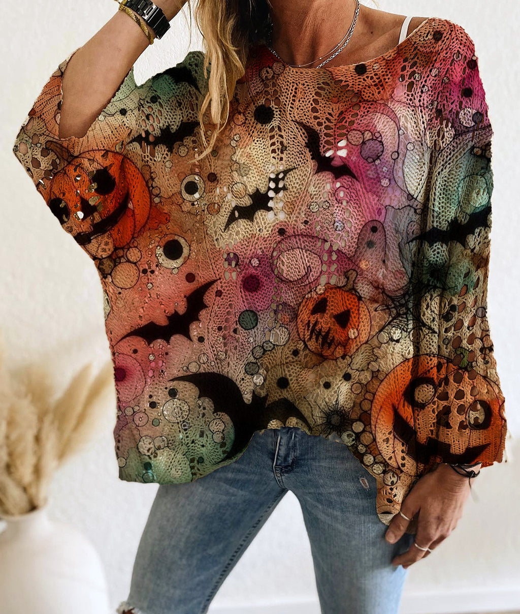 Batwing Halloween Print Open Knit Top - Color_3