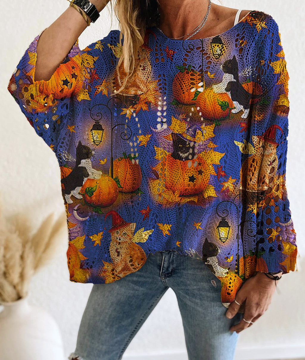 Batwing Halloween Print Open Knit Top - Color_4