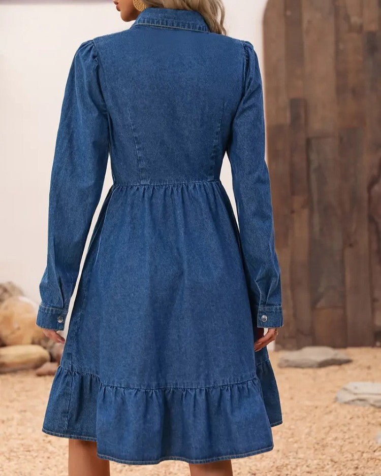 Buttoned Denim Midi Shirt Dress With Ruffle Hem - Blue - 2
