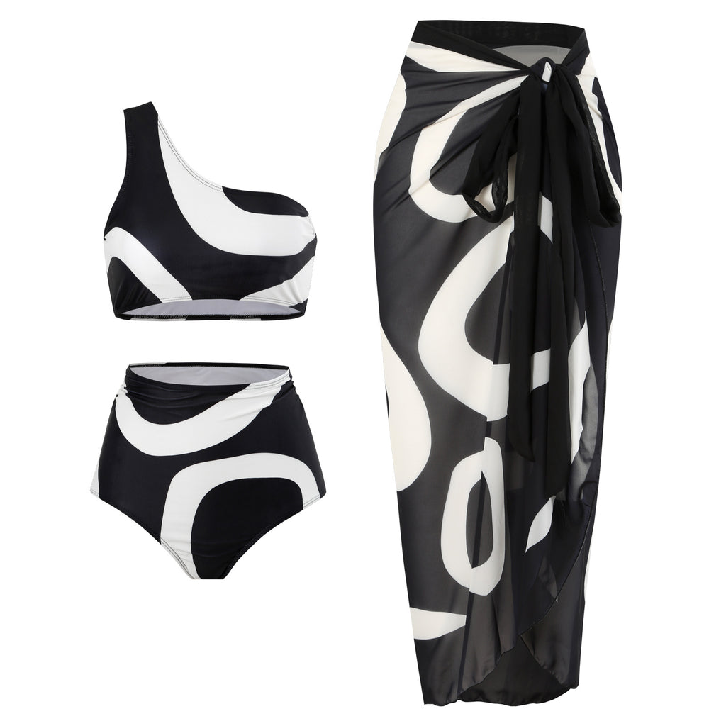 Abstract Print One Shoulder Bikini And Sarong Set - Black
