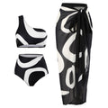 Abstract Print One Shoulder Bikini And Sarong Set - Black