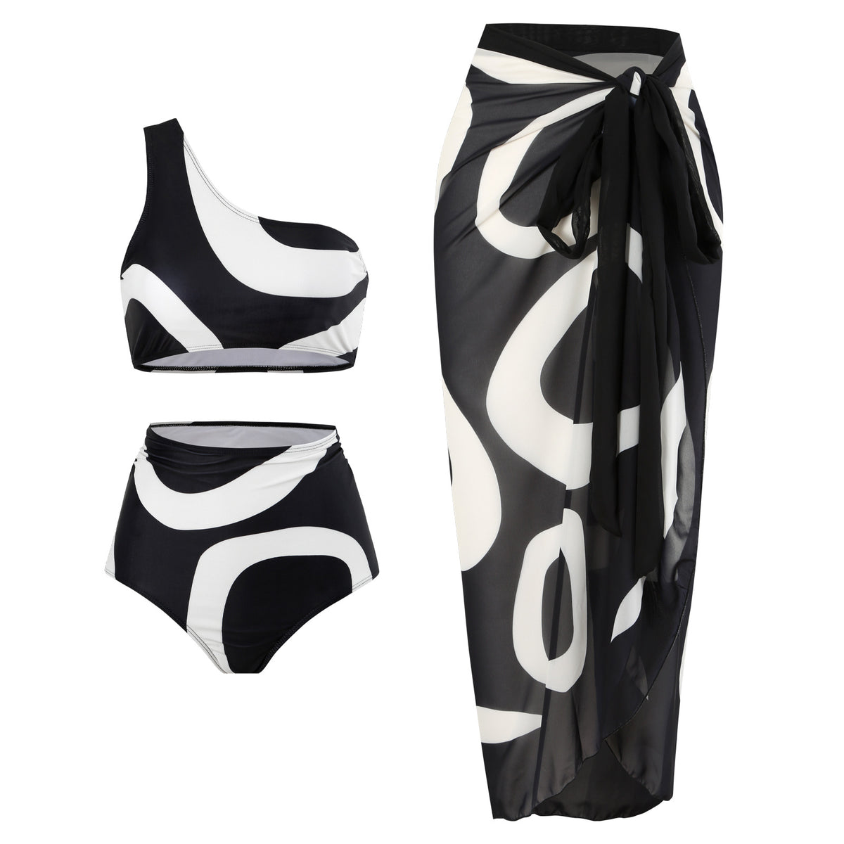 Abstract Print One Shoulder Bikini And Sarong Set - Black