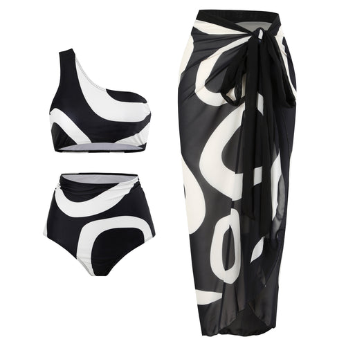 Abstract Print One Shoulder Bikini And Sarong Set - Black