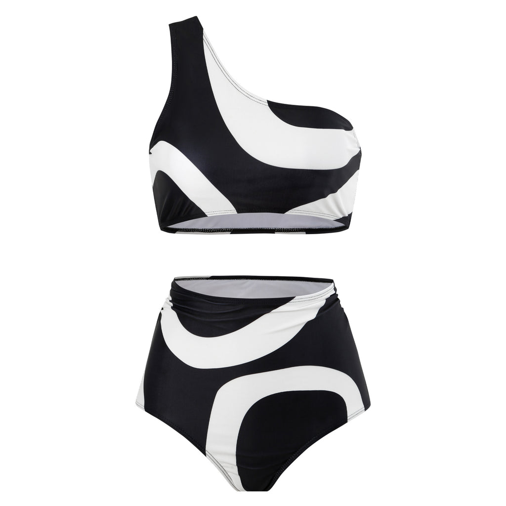 Abstract Print One Shoulder Bikini And Sarong Set - Black - 1