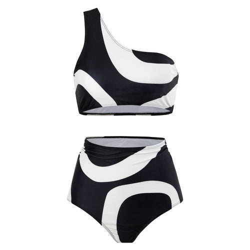 Abstract Print One Shoulder Bikini And Sarong Set - Black - 1