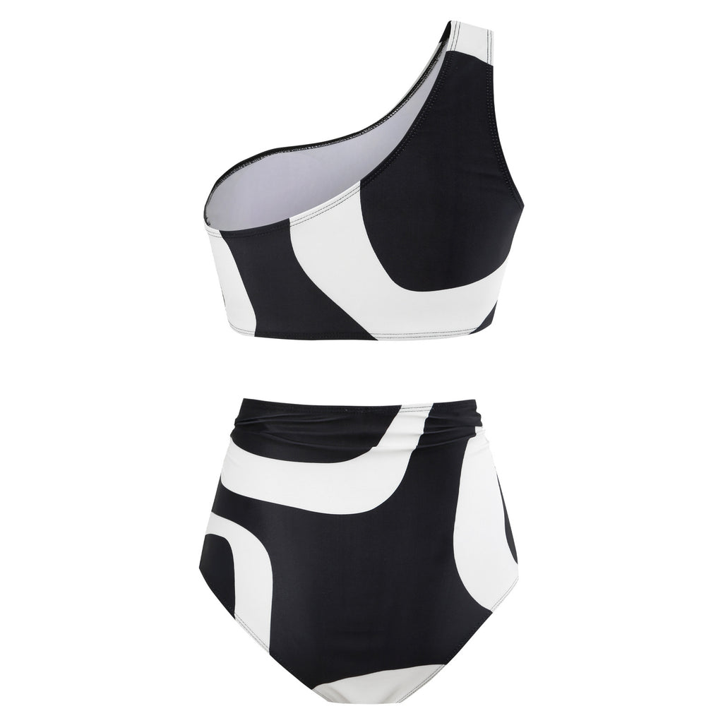 Abstract Print One Shoulder Bikini And Sarong Set - Black - 4