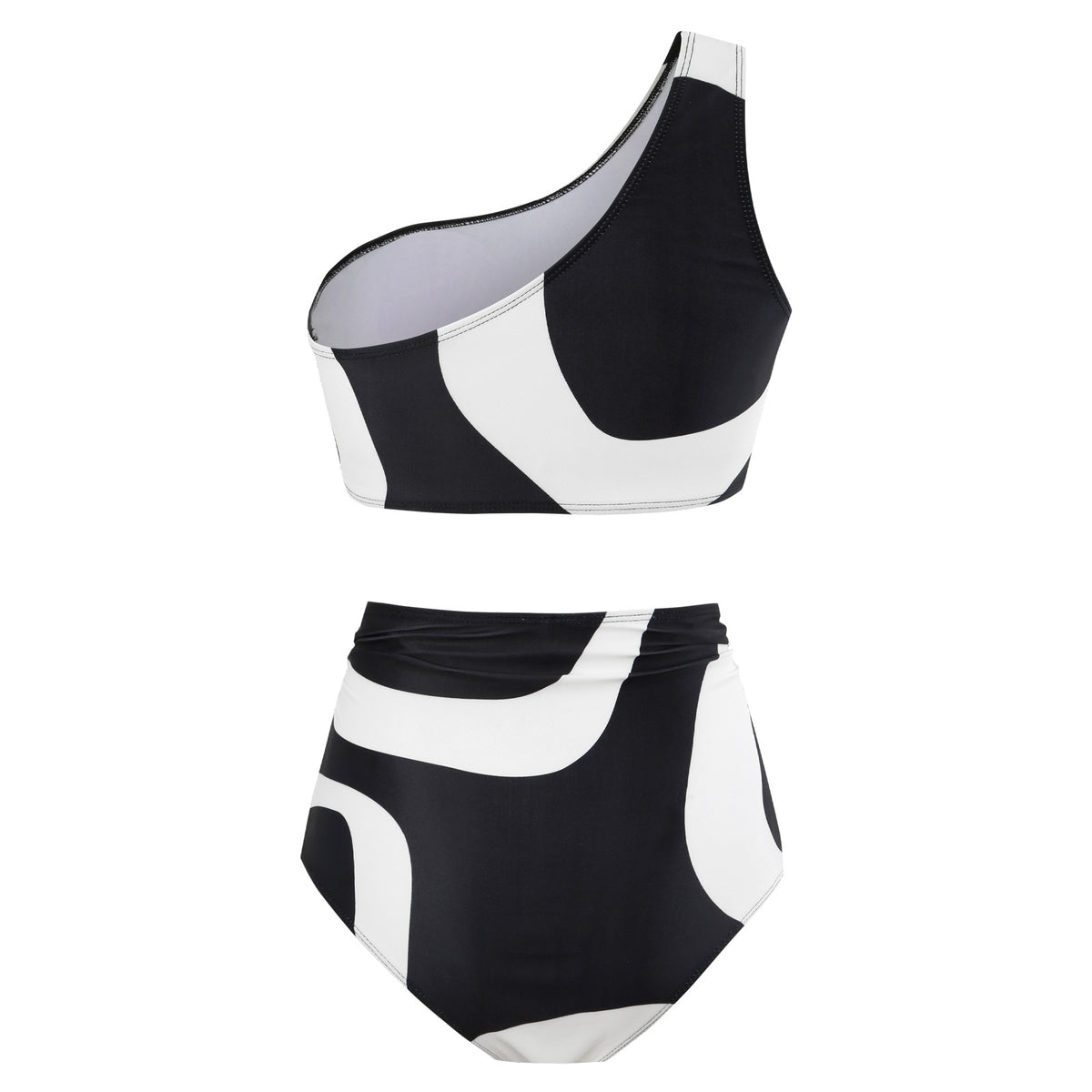 Abstract Print One Shoulder Bikini And Sarong Set - Black - 4