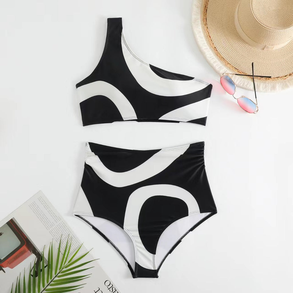 Abstract Print One Shoulder Bikini And Sarong Set - Black - 5