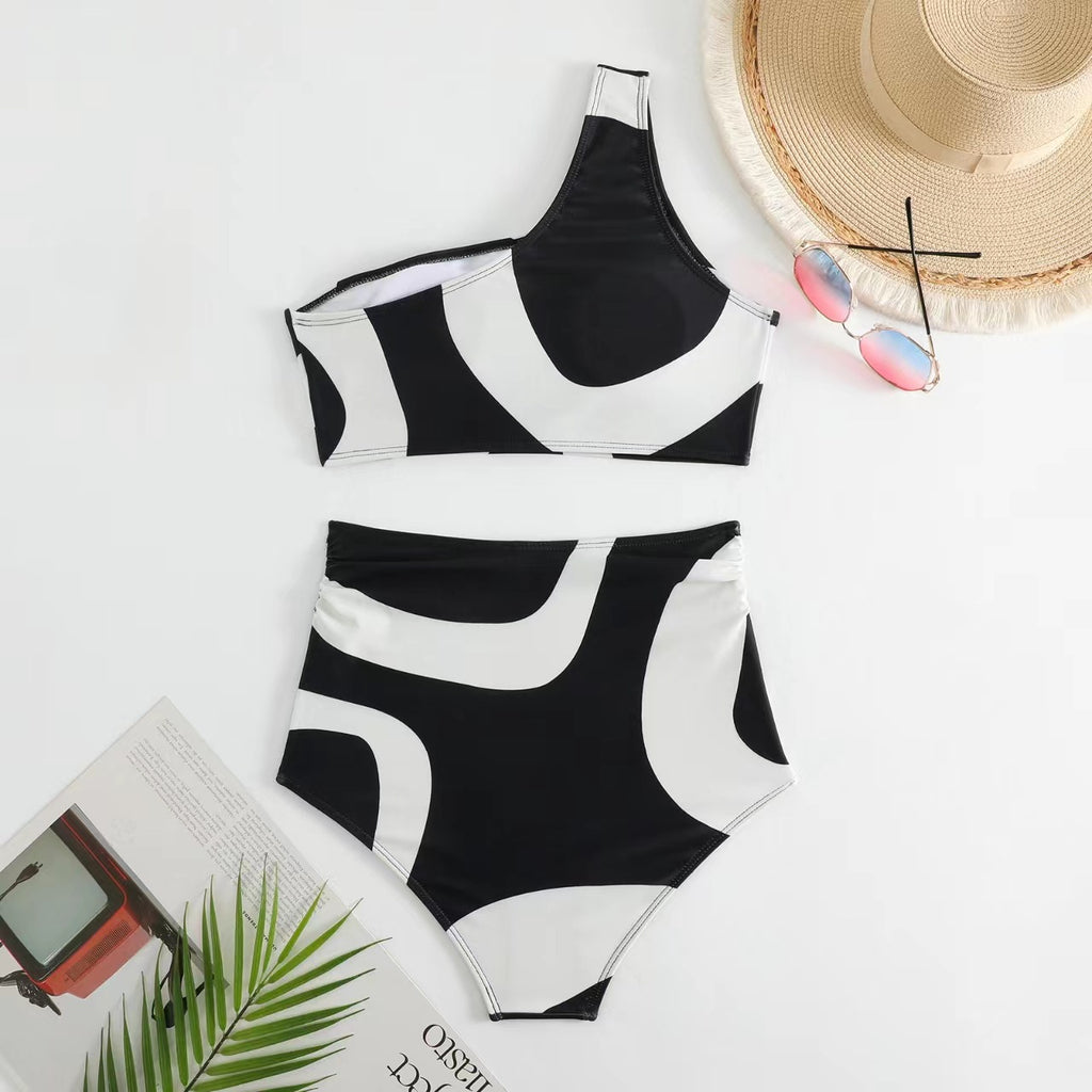 Abstract Print One Shoulder Bikini And Sarong Set - Black - 6