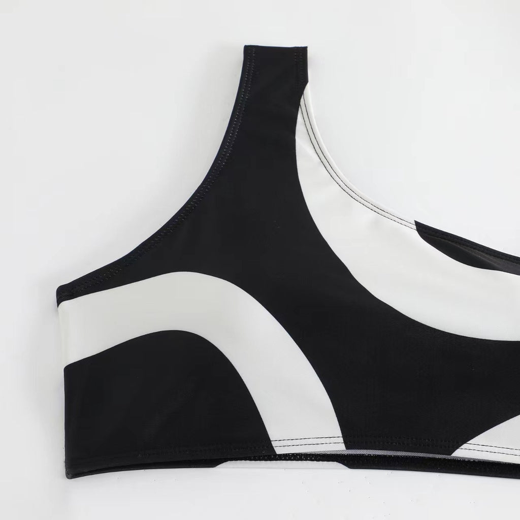 Abstract Print One Shoulder Bikini And Sarong Set - Black - 7
