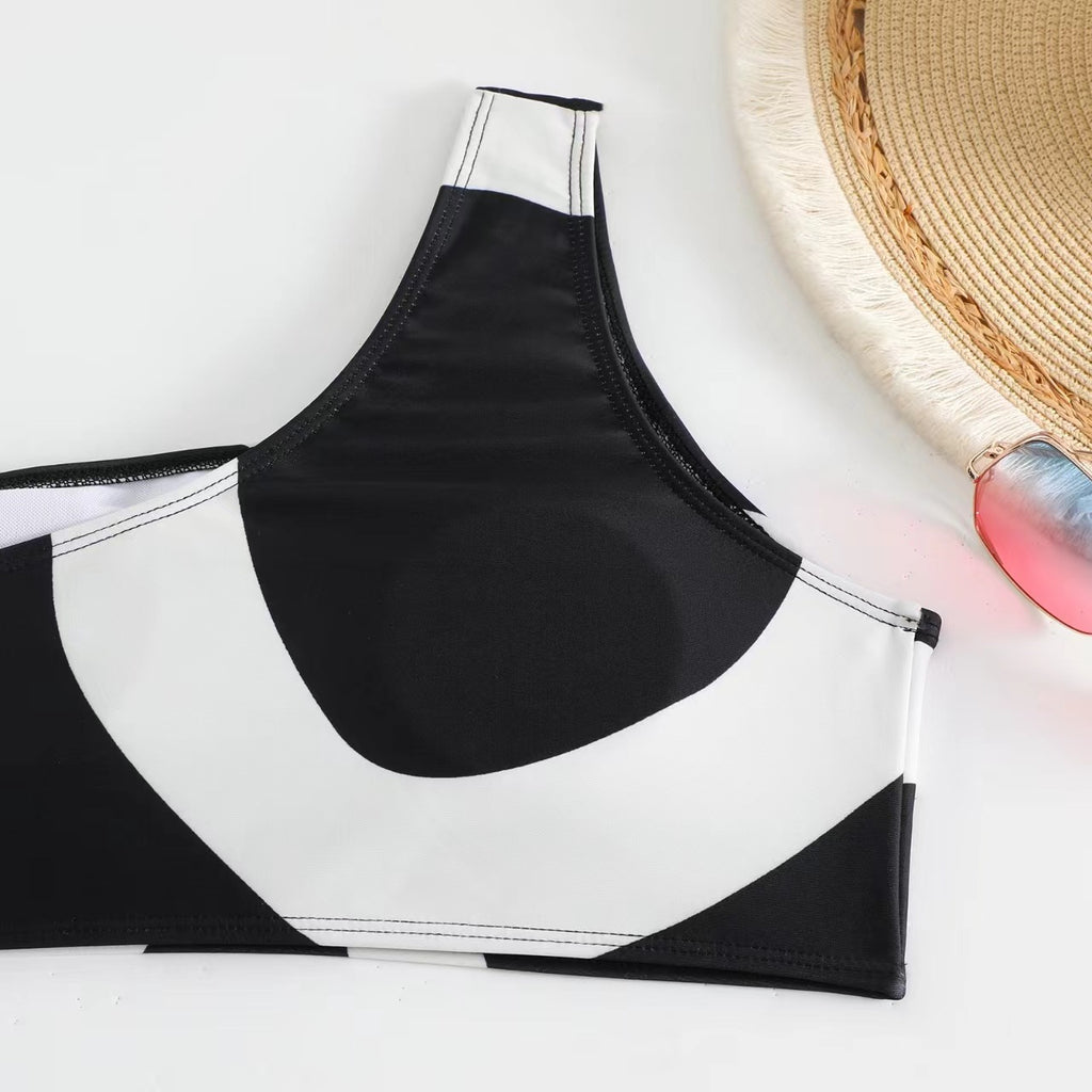 Abstract Print One Shoulder Bikini And Sarong Set - Black - 8
