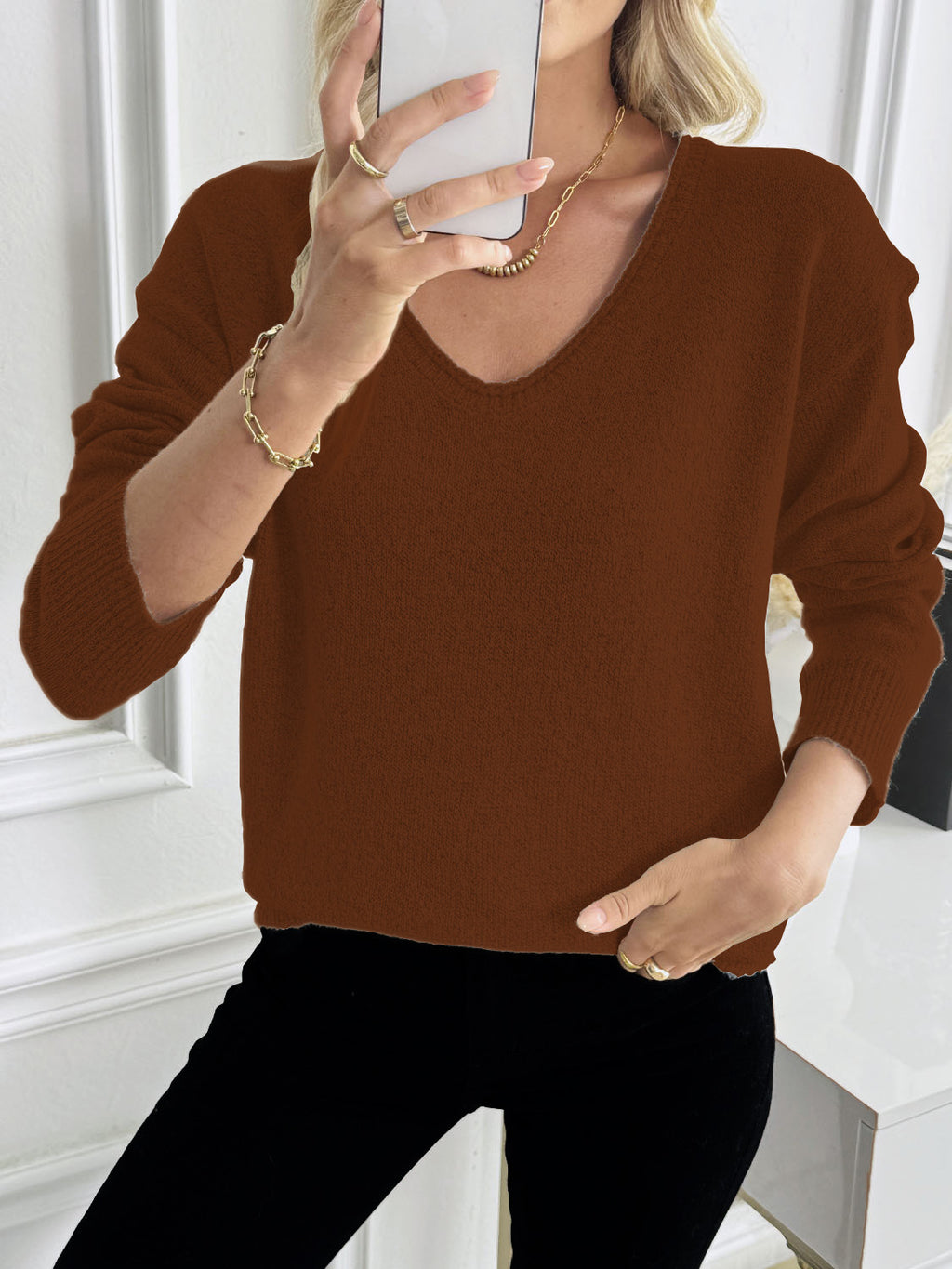 Relaxed V Neck Drop Shoulder Knit Sweater - Caramel