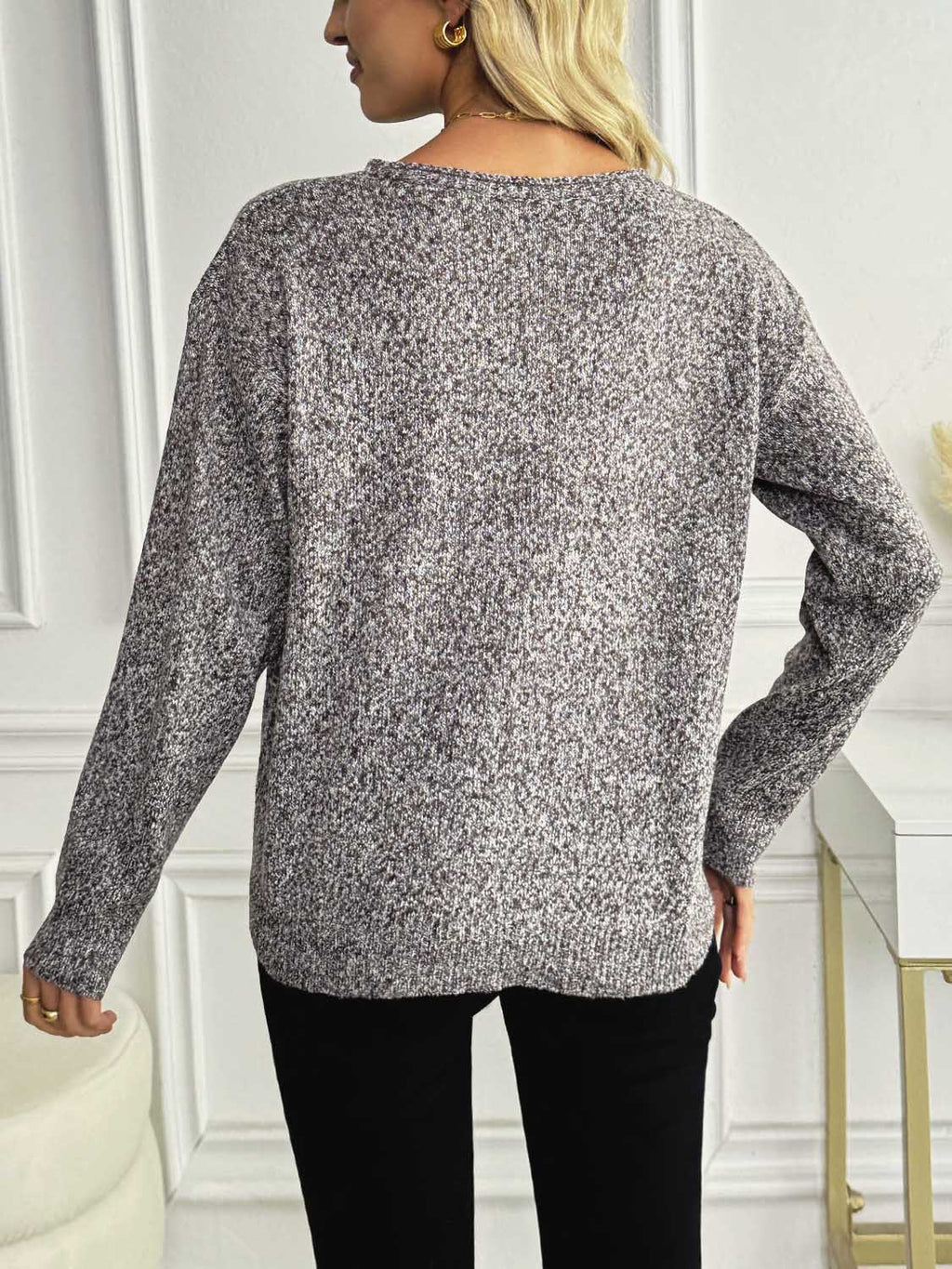 Relaxed V Neck Drop Shoulder Knit Sweater - Coffee - 1