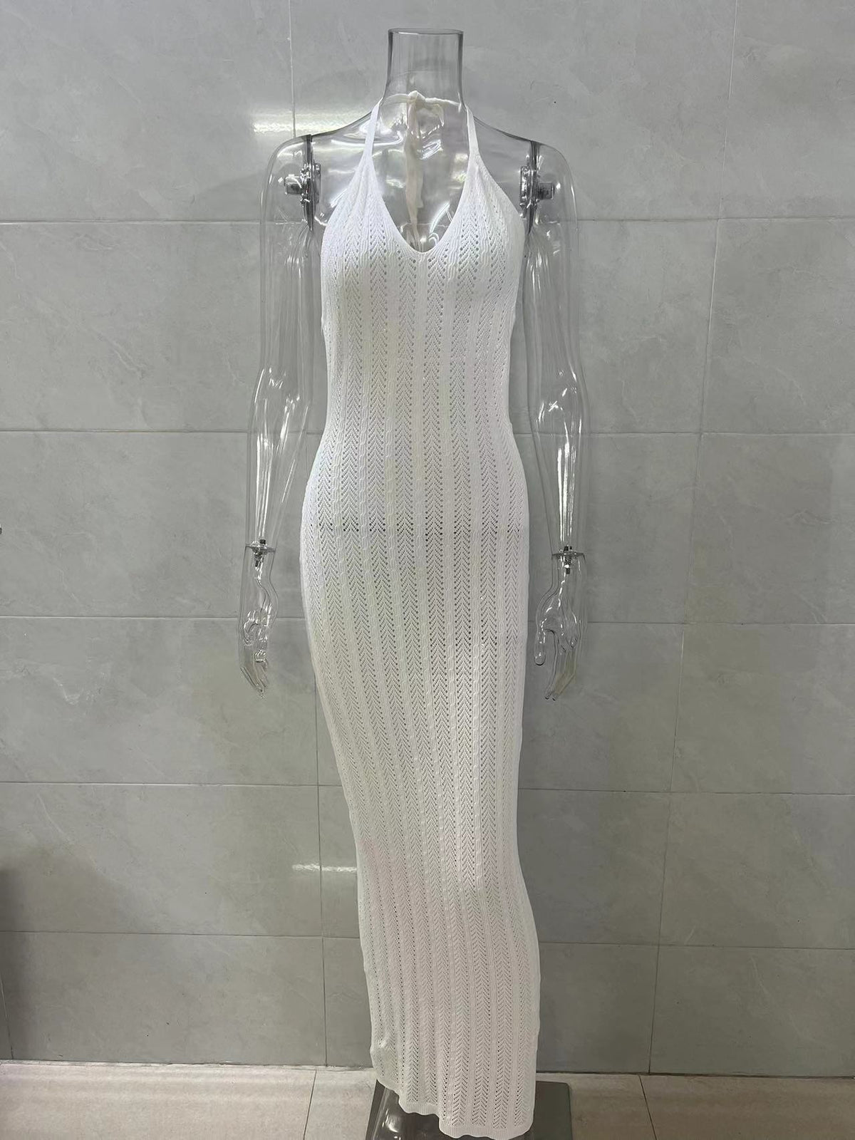 Openwork Knit Halter Beach Cover Up Dress - White - 2