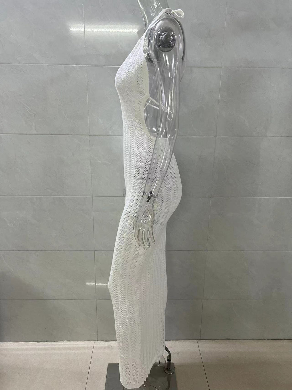 Openwork Knit Halter Beach Cover Up Dress - White - 3
