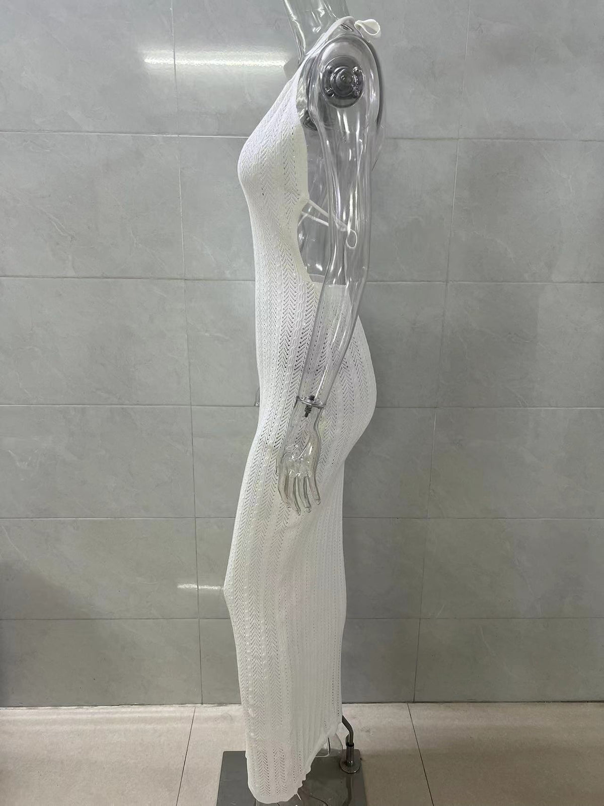 Openwork Knit Halter Beach Cover Up Dress - White - 3
