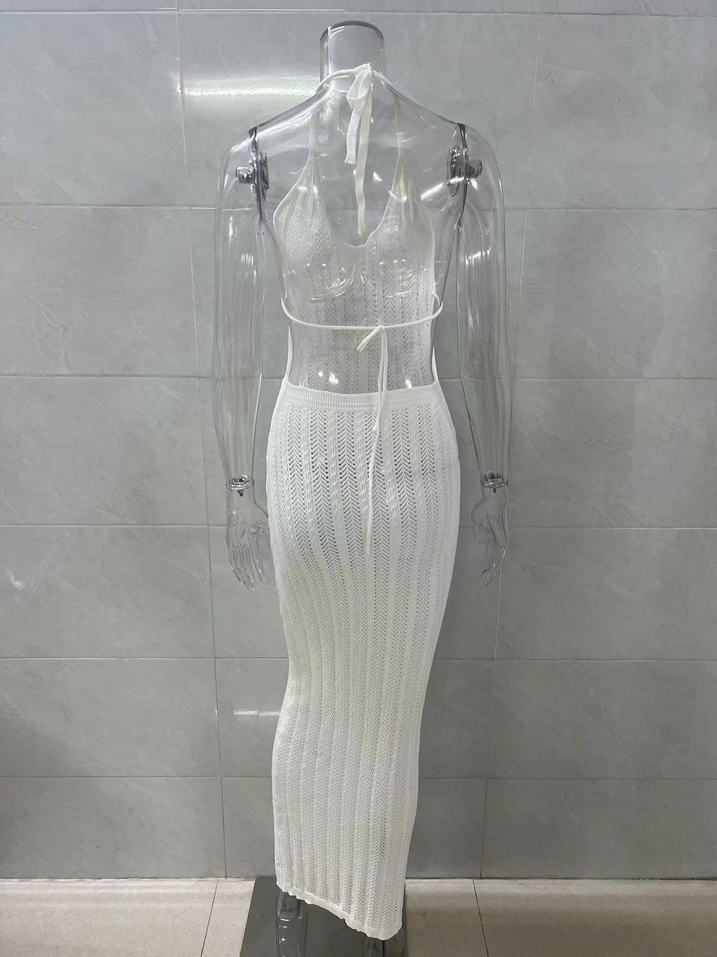 Openwork Knit Halter Beach Cover Up Dress - White - 4