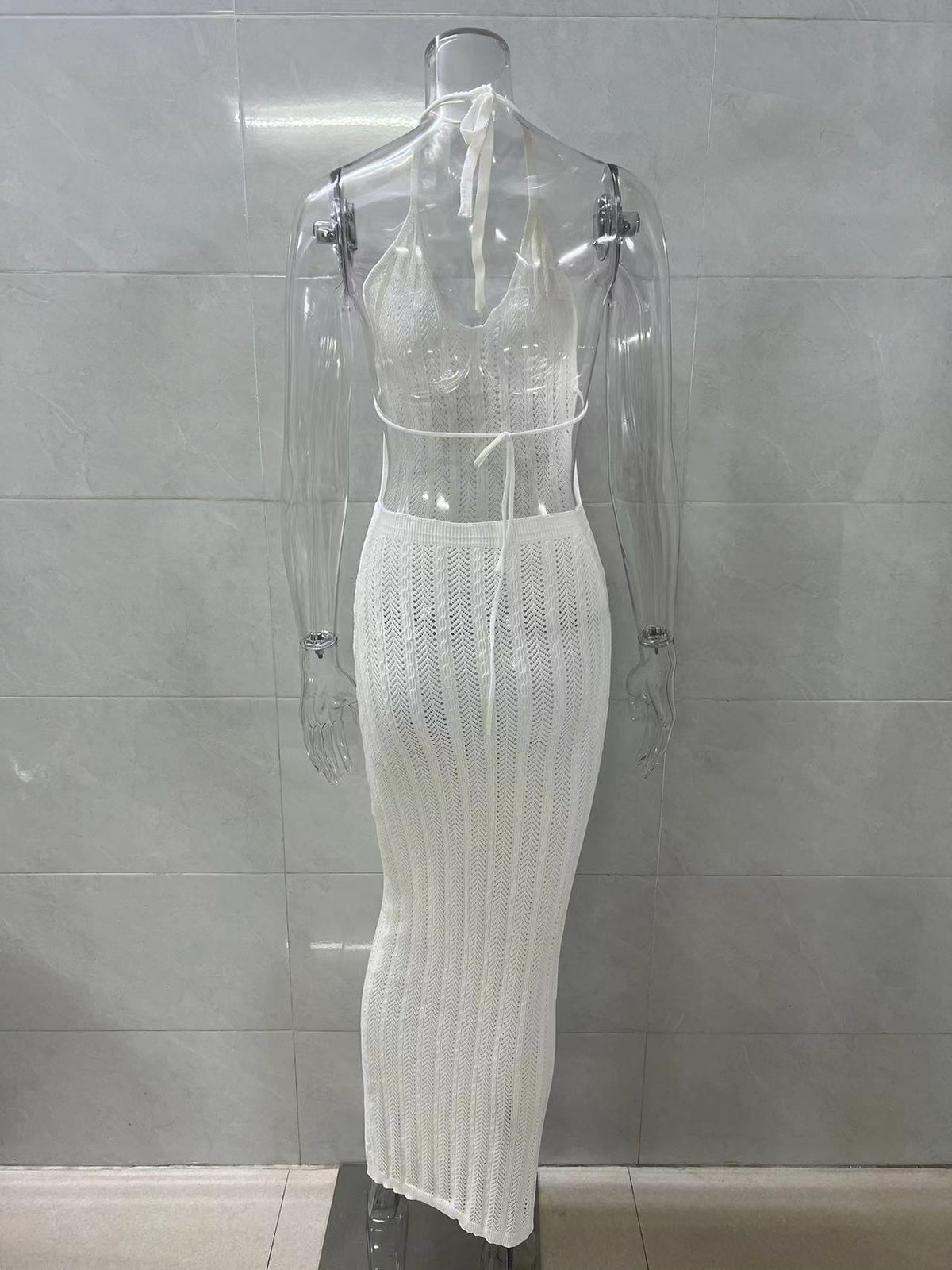 Openwork Knit Halter Beach Cover Up Dress - White - 4