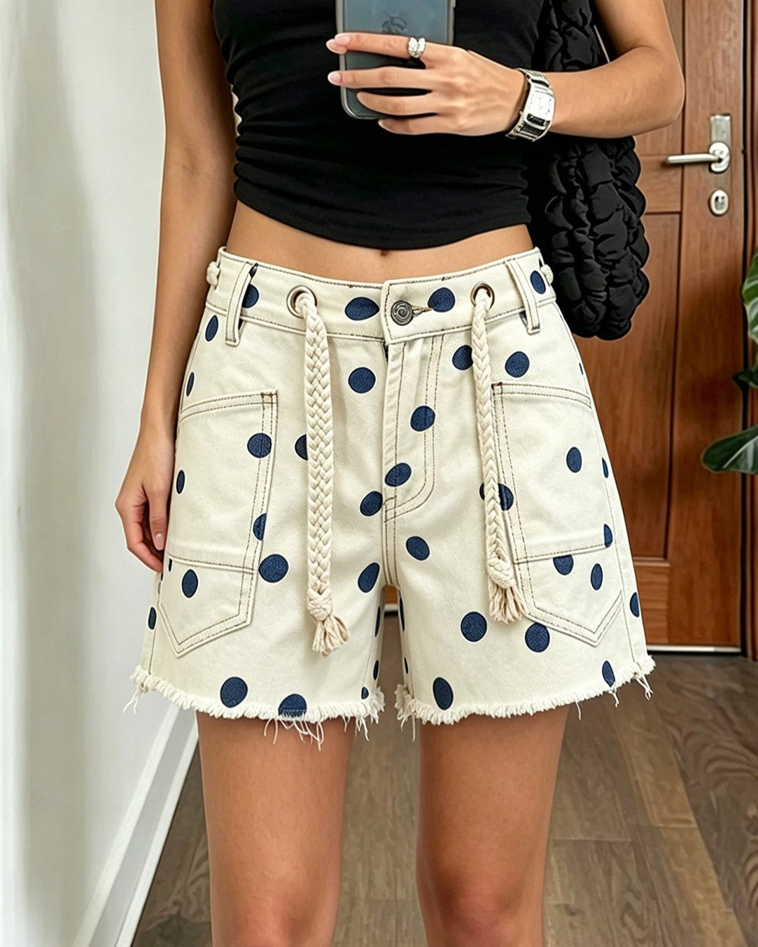Dotted Denim Shorts with Raw Hem Trim - Blue