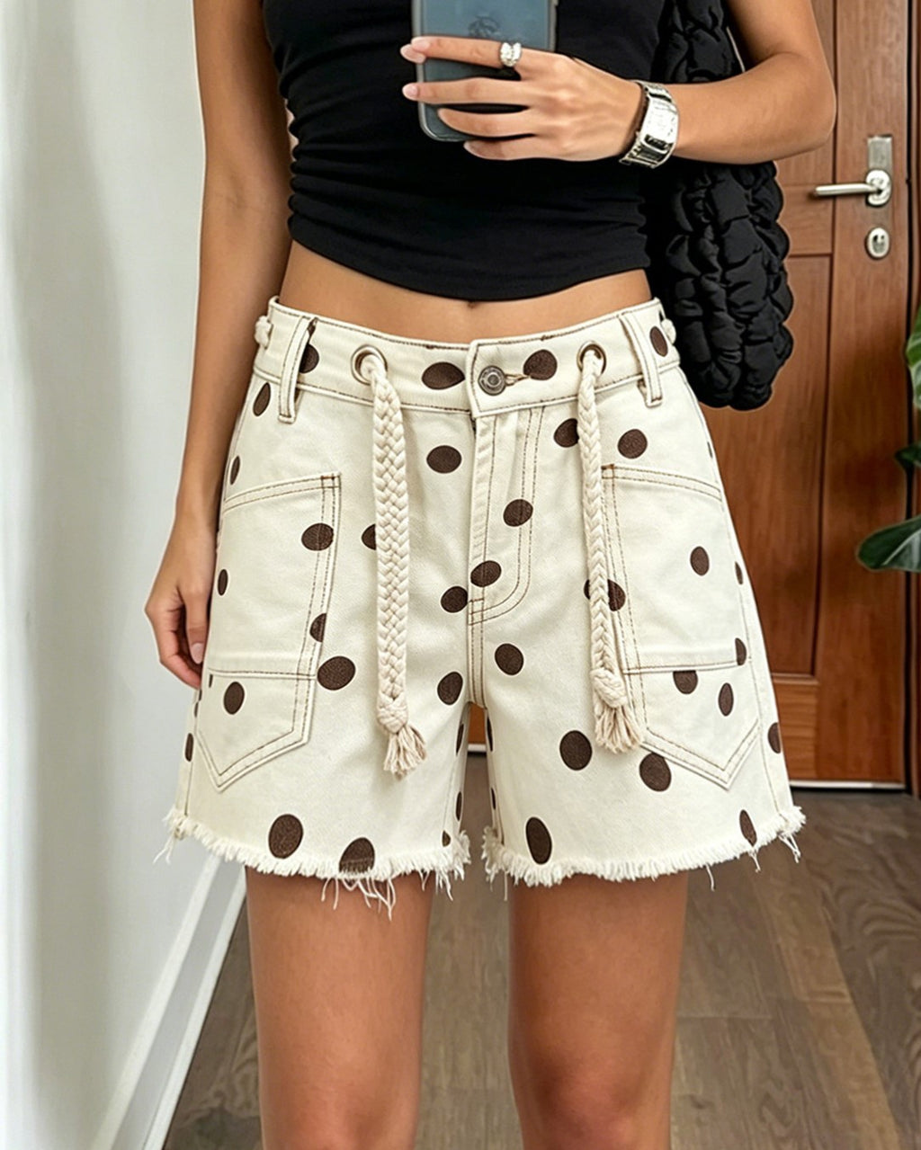 Dotted Denim Shorts with Raw Hem Trim - Brown