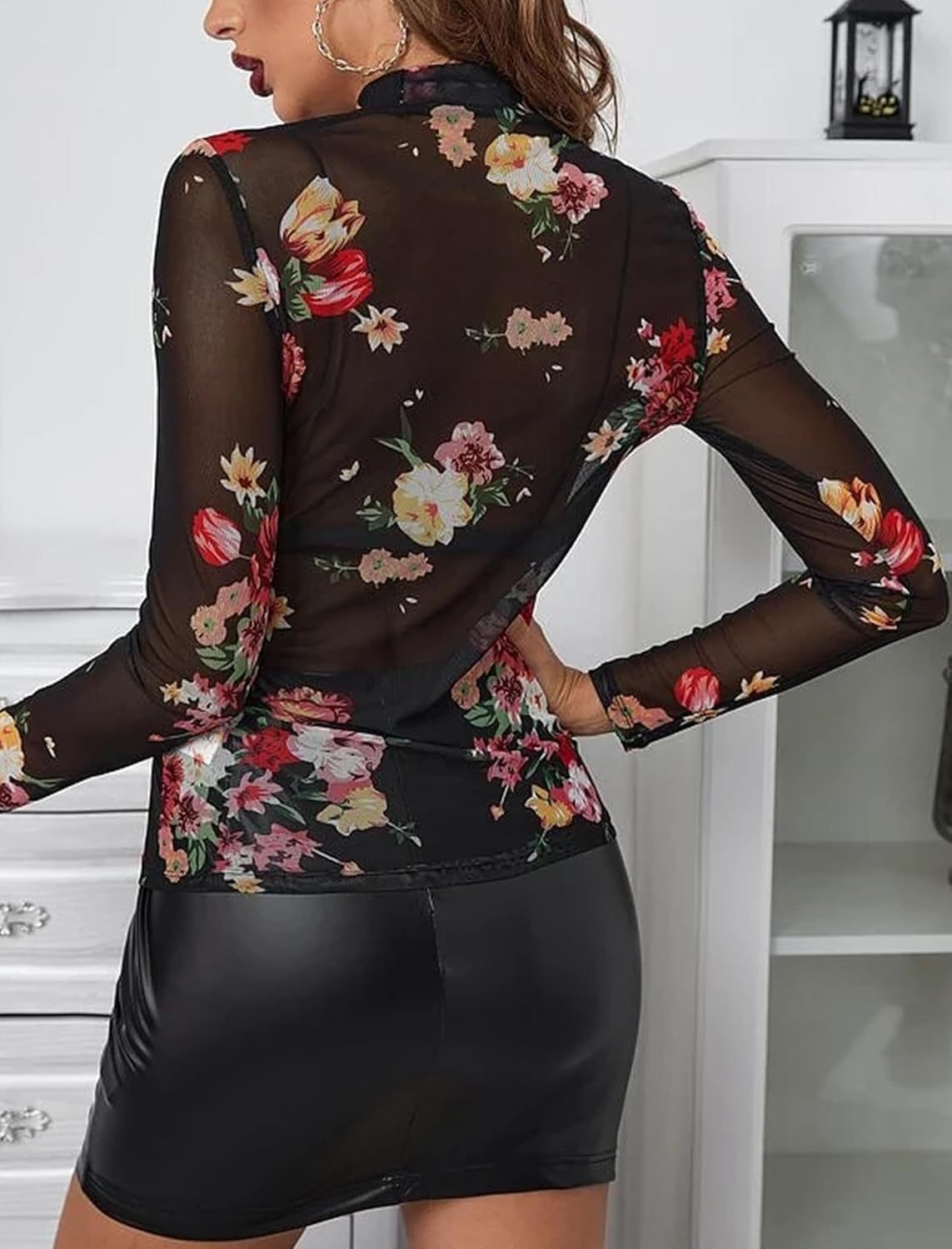Printed Mesh Long Sleeve Layering Top - Black - 1