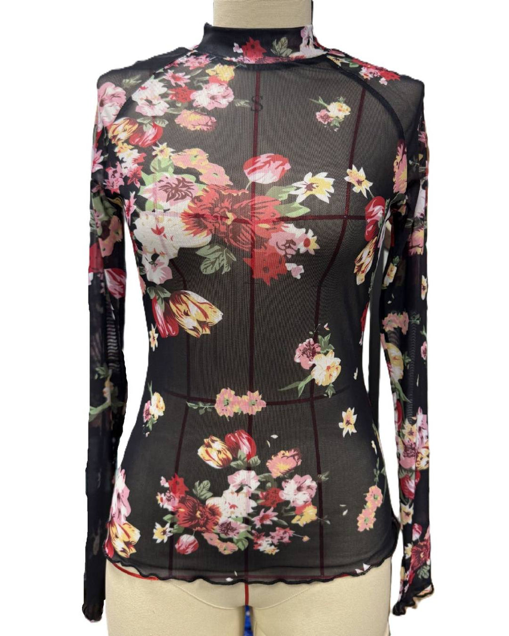 Printed Mesh Long Sleeve Layering Top - Black - 2