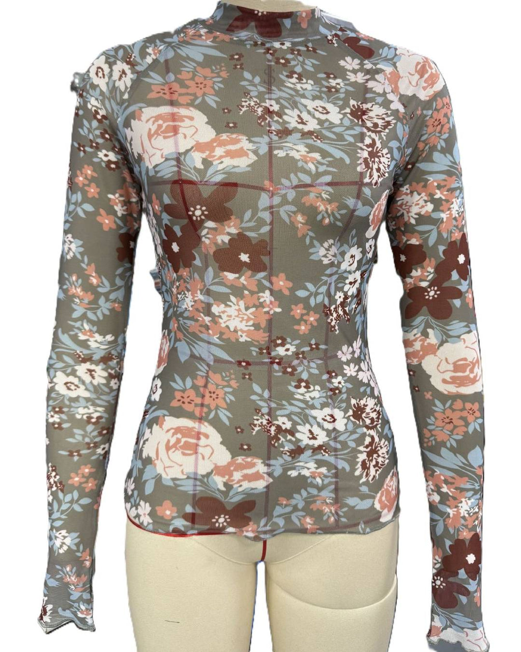 Printed Mesh Long Sleeve Layering Top - Green - 2