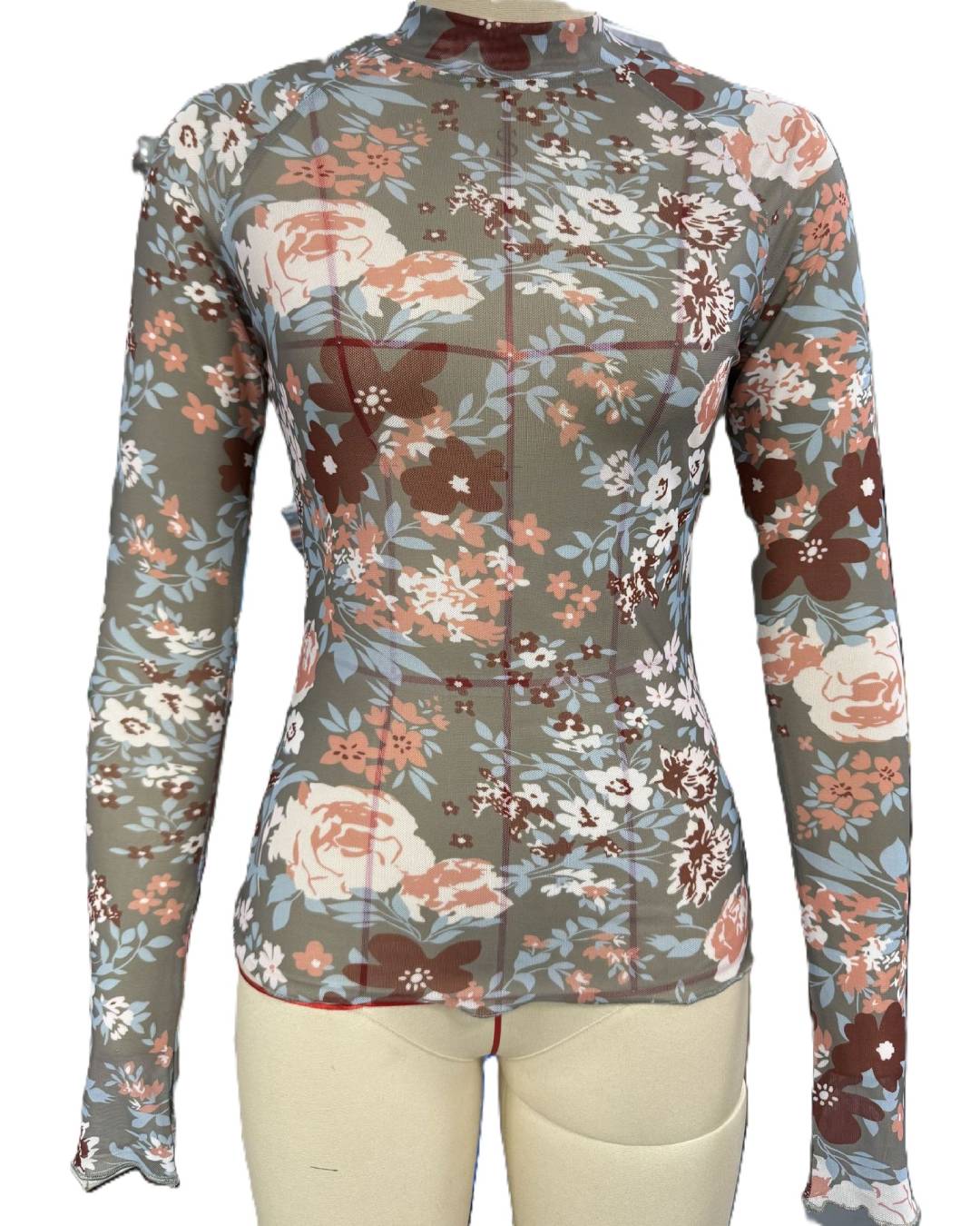 Printed Mesh Long Sleeve Layering Top - Green - 2