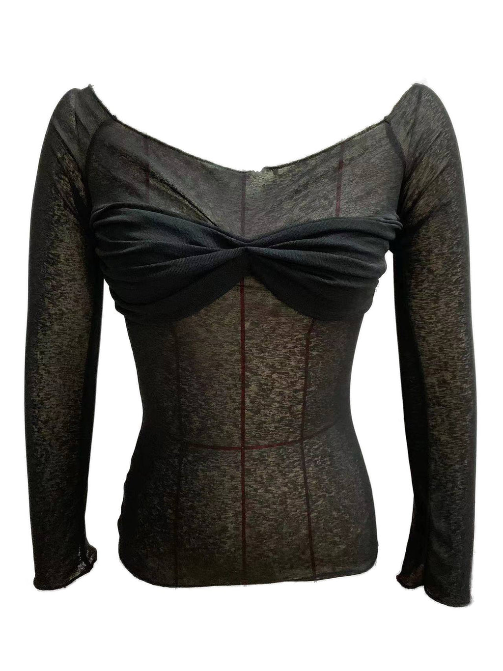 Sheer Ruched Bust Off Shoulder Knit Top - Black