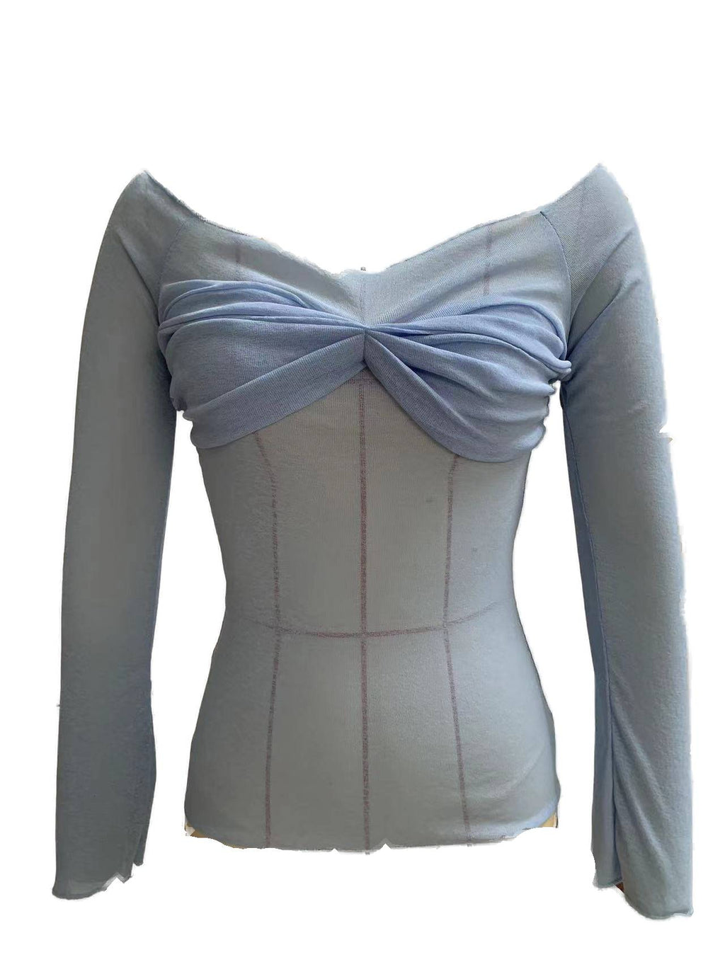 Sheer Ruched Bust Off Shoulder Knit Top - Blue