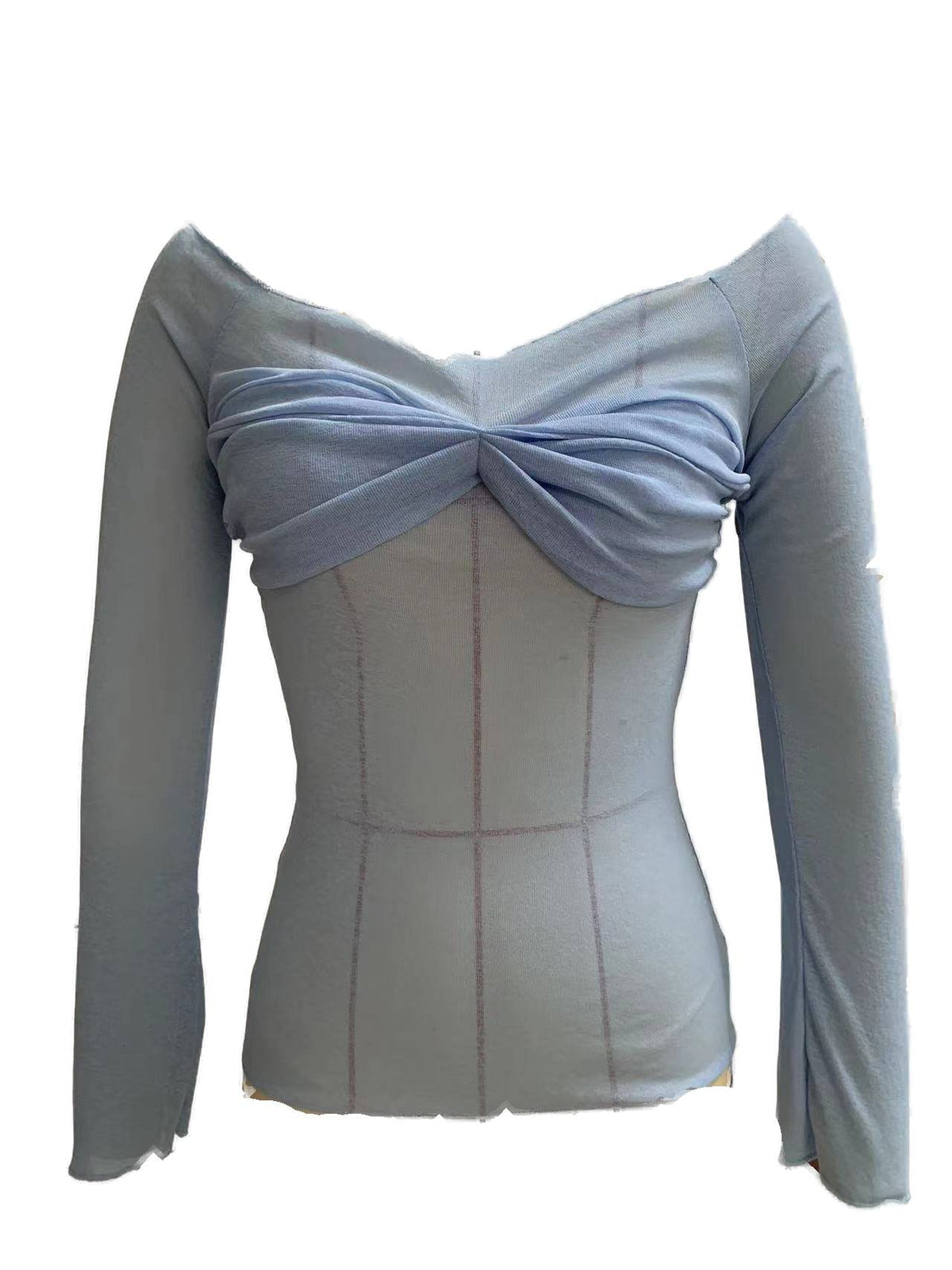 Sheer Ruched Bust Off Shoulder Knit Top - Blue
