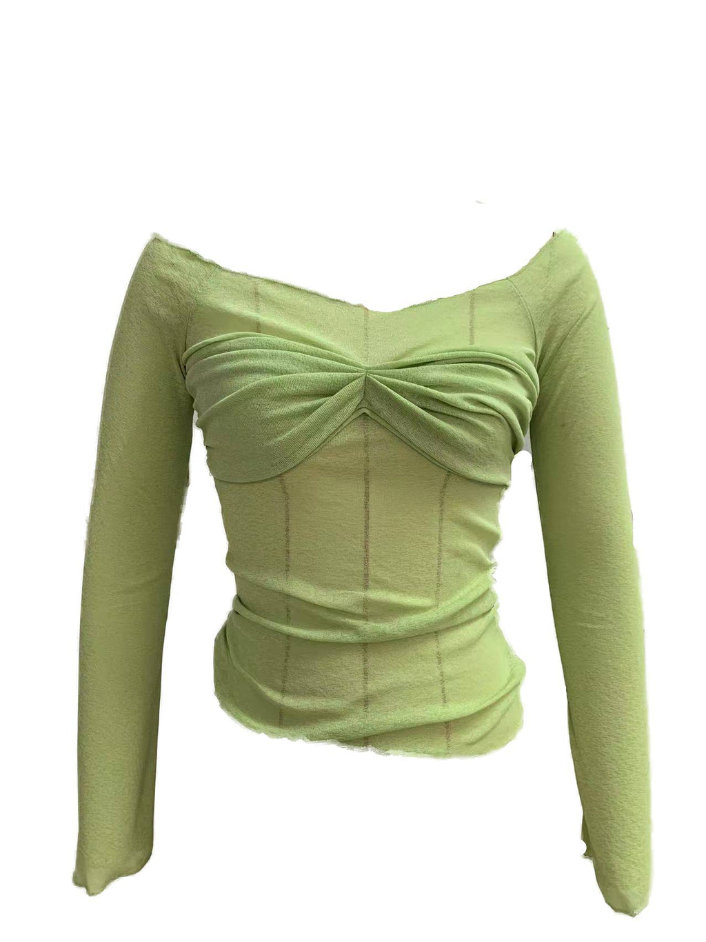 Sheer Ruched Bust Off Shoulder Knit Top - Green